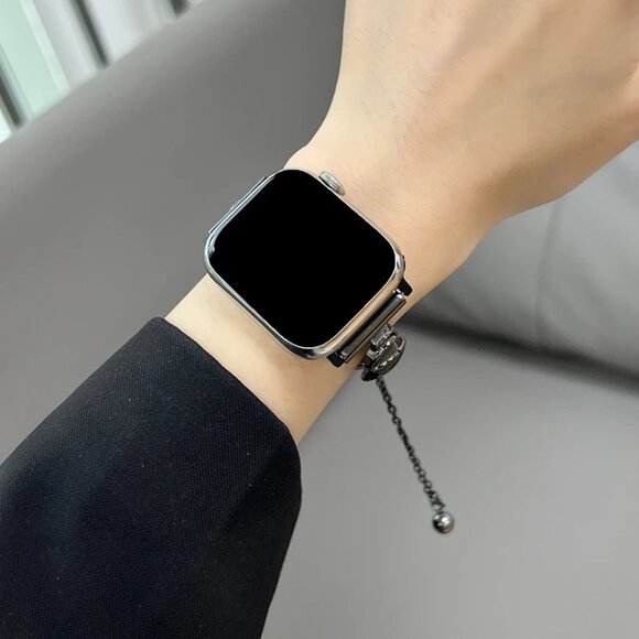 Apple Watch Band Adjustable Slim Stylish Strap Silver Stainless Chain - Black - Picture 3 of 7